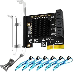 GLOTRENDS SA3026-C 6-portars PCIe X4 SATA-expansionskort med SATA- och strömkablar, kompatibelt med Windows,Linux,Mac OS,NAS