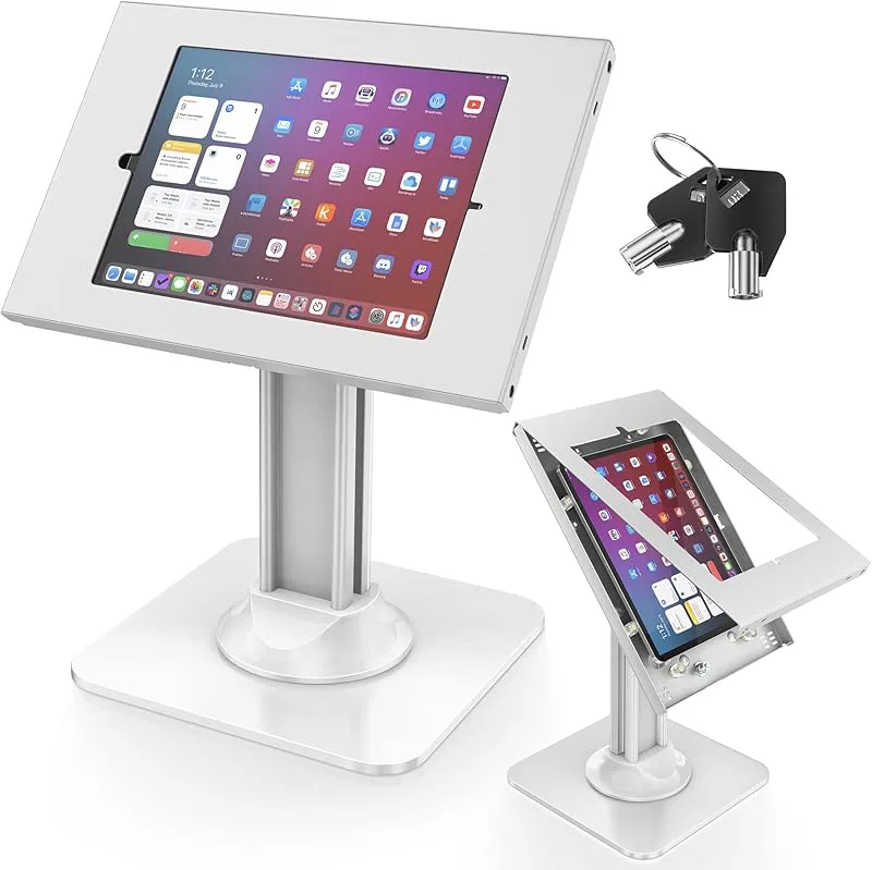 AboveTEK Stöldskydd iPad kiosk-stativ – POS iPads säkerhetsfäste med 360° vridbar och 75° lutning, slitstark kiosk skrivbordshållare för surfplattor o