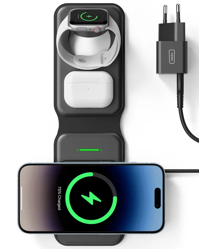 INIU 3 i 1 Trådlös laddare, 15W Magnetic Foldable Wireless Charger Snabb Support Telefonladdning för Apple Series iPhone 15 14 13 12 Pro Max Mini, iWatch 7 6 5 4 3, AirPods 3 2 1 pro (Adapter Ingår)