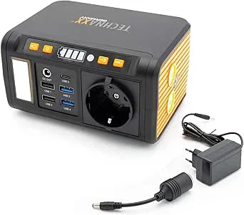 Technaxx Mini Bärbar Powerstation 74Wh 80W med 230V Uttag, USB-C PD 18W, 4×USB-A QC3.0, DC-utgång, LED-lampa, Solcellskompatibel, Generator för Campin