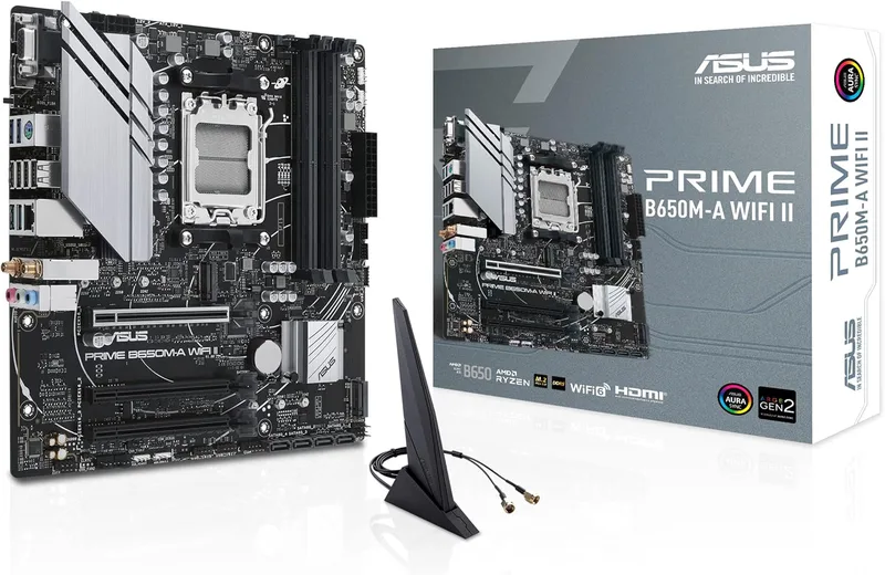 ASUS Prime B650M-A WIFI spelmoderkortsuttag AMD AM5 (Ryzen 7000, micro-ATX, DDR5-minne, PCIe 5.0, WiFi 6, BIOS Flashback, USB 3.2 Gen 2, Aura Sync)