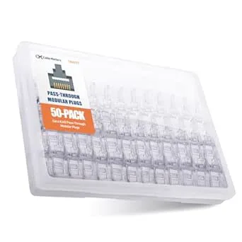 Cable Matters 50-pack Cat6 Pass-Through RJ45-kontakter, 50µ guldpläterade – RJ45 modularpluggar/Ethernetkontakter för solid eller flertrådig UTP Cat6-kabel