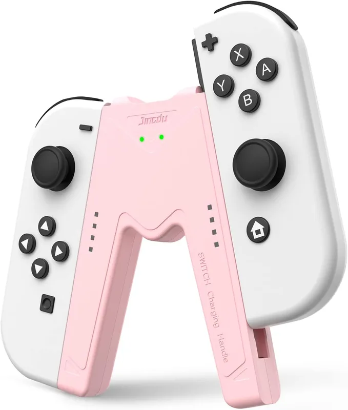 JINGDU Joy Con Laddningsgrepphandtag för Nintendo Switch/OLED, joystick laddning komfort V-formad spelgrepp kontroll med batteriindikatorer, höghastighetsladdning medan du spelar, rosa