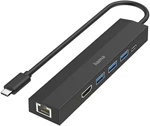 Hama USB-C-hubb med flera portar (6-i-1-adapter: 3 USB-A, 1 USB-C Power Delivery PD, 1 HDMI, 1 Ethernet, dockningsstation för bärbar dator/surfplatta