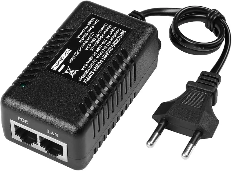 Revotech 48V Gigabit PoE-injektor, PoE 48V/0.5A med EU-kabel, IEEE 802.3af/at Passive PoE+ 10/100/1000 Mbps, Avstånd upp till 100 M, Plug and Play PoE
