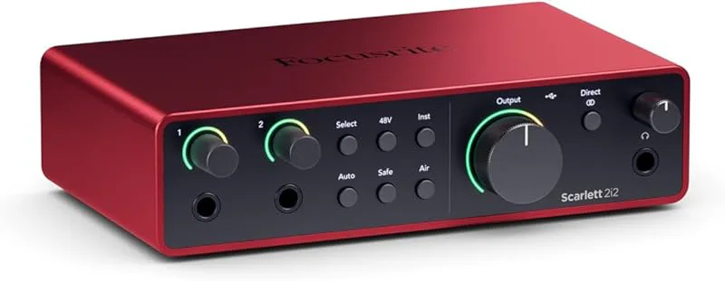 Focusrite Scarlett 2i2 4:e gen USB-ljudkort för inspelning, låtskrivande, streaming och podcast — Hi-fi-inspelning med studiokvalitet och all mjukvara