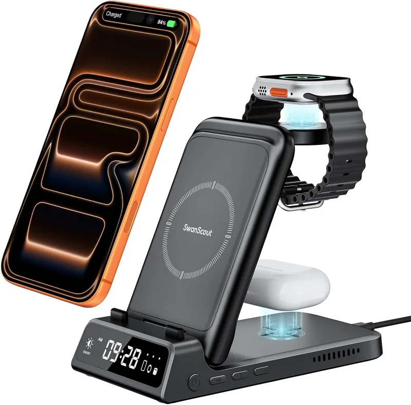 Trådlös laddare till iPhone, 3-i-1 Laddningsstation för iPhone 17/Air/16/15/14/13/12 Serie, Laddningsställ för Apple Watch 11/Ultra 3/10/9/8/7/Air-Pods, SwanScout 703A, Ingen Adapter (Svart)