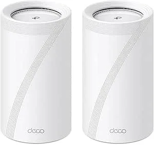 TP-Link Deco BE85 Wi-Fi 7 Mesh WLAN-set (2-pack) BE19000 Tri-Band-router och repeater, 10 Gbit/s Ethernet/fiberport, 19 Gbps wifi-hastighet, WPA3, 320 MHz kanaler, 6 GHz, vit