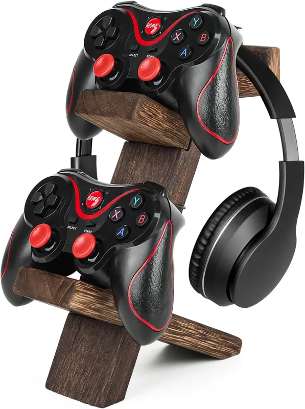 Spelkontrollhållare, headsetstativ, 2-nivås universalkontroll, spel, PC-tillbehör, förvaringsställ, hörlursstativ för Xbox-serien, PS5, PS4 av trä