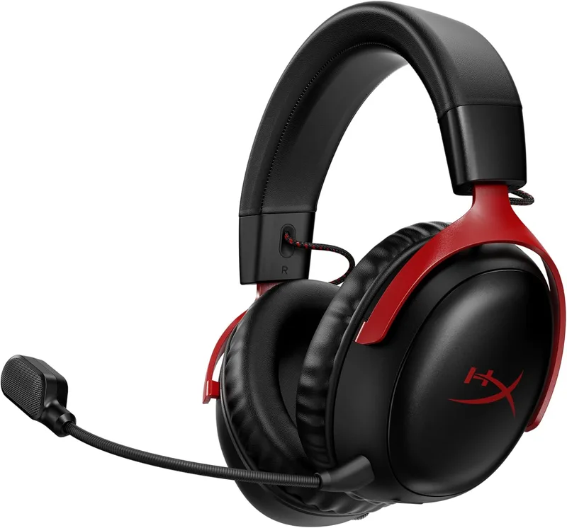 HyperX Cloud III Trådlöst – Spelheadset för PC, PS5, PS4, upp till 120-timmars batteri, 2,4 GHz trådlös, 53 mm vinklade förare, minnesskum, hållbar ram, 10 mm mikrofon, svart-röd