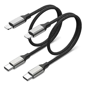 Acecene USB-C-Lightning-kabel, kort, 20 cm, 2 st., nylonflätad iPhone-laddningskabel med Power Delivery, Lightning-laddningskabel för iPhone 14/13/12/11/Pro/Max/Mini/SE/X/XS/XR/8/Plus – svart