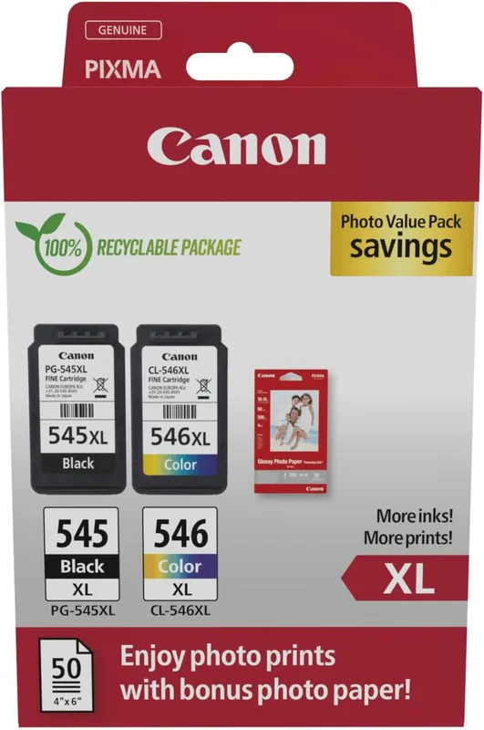 Canon PG-545XL/CL-546XL High Yield Genuine Ink Cartridges, Pack of 2 (Color & Black), Includes 50 Sheets of 4x6 Photo Paper