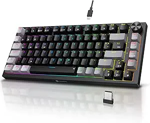 KOORUI Mekaniskt tangentbord, speltangentbord trådlös/trådbunden/Bluetooth 26 RGB uppladdningsbart 4 000 mAh batteri 82 knappar, tysk layout QWERTZ för Windows MacOS Linux-röd omkopplare