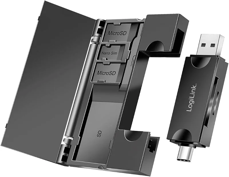 USB 3.2 (Gen1) kortläsare för SD- och microSD-kort, med kortförvaring, USB-A och USB-C