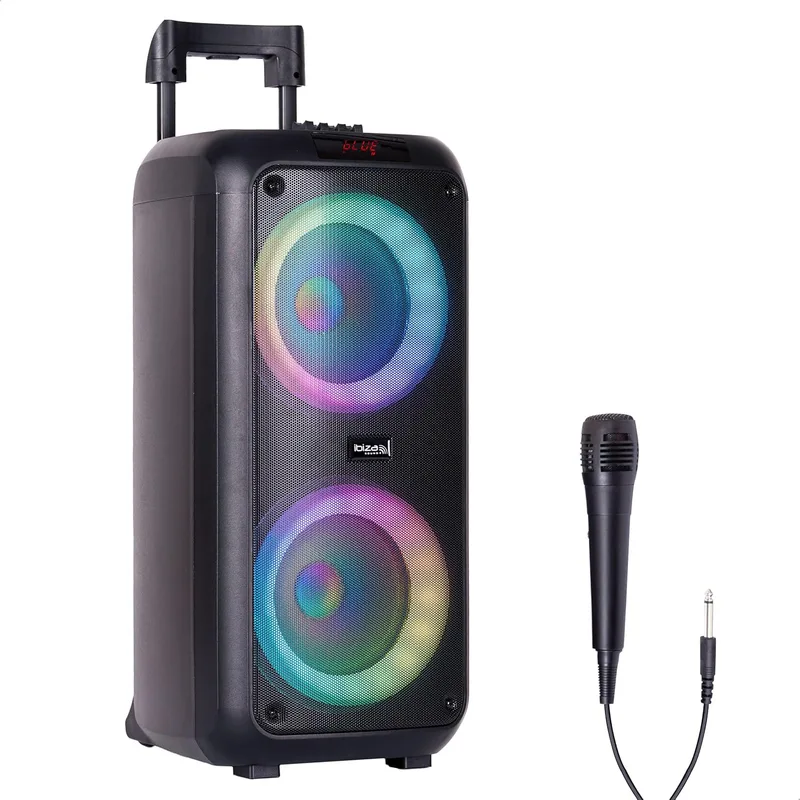 Ibiza - VENUS600-2x8"/20 cm, 600W batteridriven bärbar högtalare med ljuseffekt på frontpanelen och trådbunden mikrofon - Bluetooth, USB, microSD, AUX och MIC - Svart