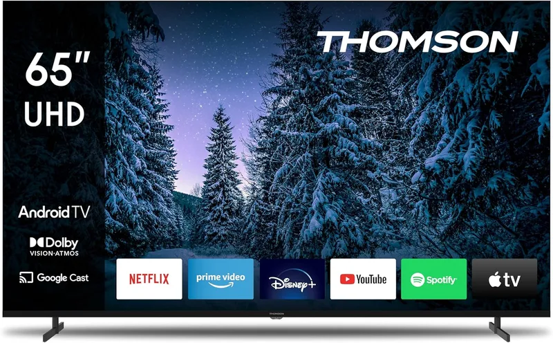 THOMSON 65 Tum (164 cm) QLED Smart Android TV, Google Assistant, Wi-Fi, Dolby Digital, Bluetooth, Triple-Tuner (Kabel/Satellit/Antenn), HDMI, CI+, A+ Panel – 65QA2S13