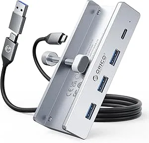 ORICO USB-hub, aluminium USB 3.0 hubb klämma med 5 V strömförsörjningsport, 5 Gbps 4-port USB-distributör med 3 typ-A 3.0 och 1 typ C 3.0, 100 cm kabel (C till A/C), för bildskärmar, skrivbord
