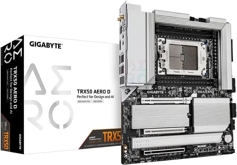 Gigabyte TRX50 AERO D moderkort – stöder AMD Ryzen PRO 7000 processorer, 16+8+4 faser digital VRM, upp till 7800MHz DDR5 (OC), 4xPCIe 4.0 M.2, Wi-Fi 7, 2,5 GbE LAN, USB 3.2 Gen 2
