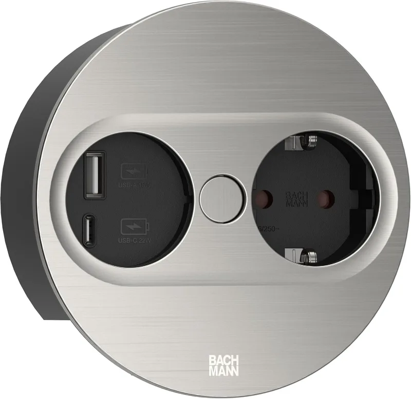 BACHMANN Twist 2 1xCEE7/3 1 x USB A/C 22 W 2,0 m AEH rostfritt stål optik rund