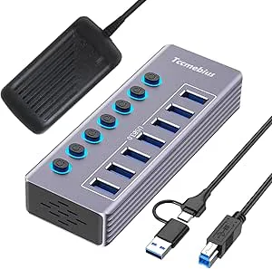 Tccmebius USB 3.0 Hub 7 portar med 12V/3A Strömförsörjning, Aluminium USB 3.0 Hub för 5Gbps Dataöverföring med Lysdiodindikator Och Individuell Strömbrytare, 2-i-1(USB A/C) Datakabel 100CM (TCC-T307U)