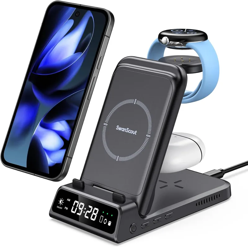 Trådlös Laddare för Google Pixel Watch 3/2, 4 i 1 Laddstation för Google Pixel 9/9a/8a/8 Pro/8a/8/7A/Fold/7/6/5/4, Wireless Charger for Pixel Buds Pro 2, SwanScout 703G2