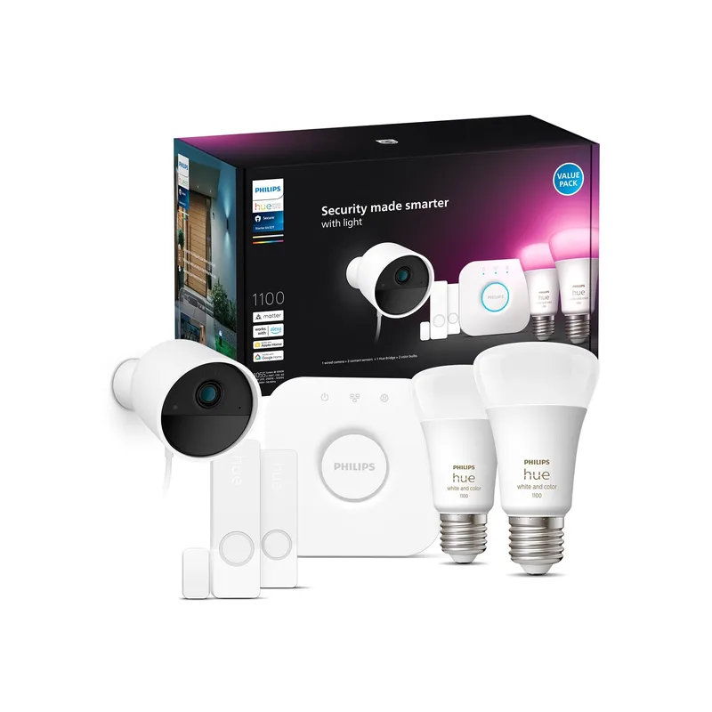 Philips Hue Secure startkit med 1 Secure trådbunden kamera (vit), 2 Secure kontaktsensorer (vit), 2 White and Color Ambiance smarta ljuskällor E27, 1