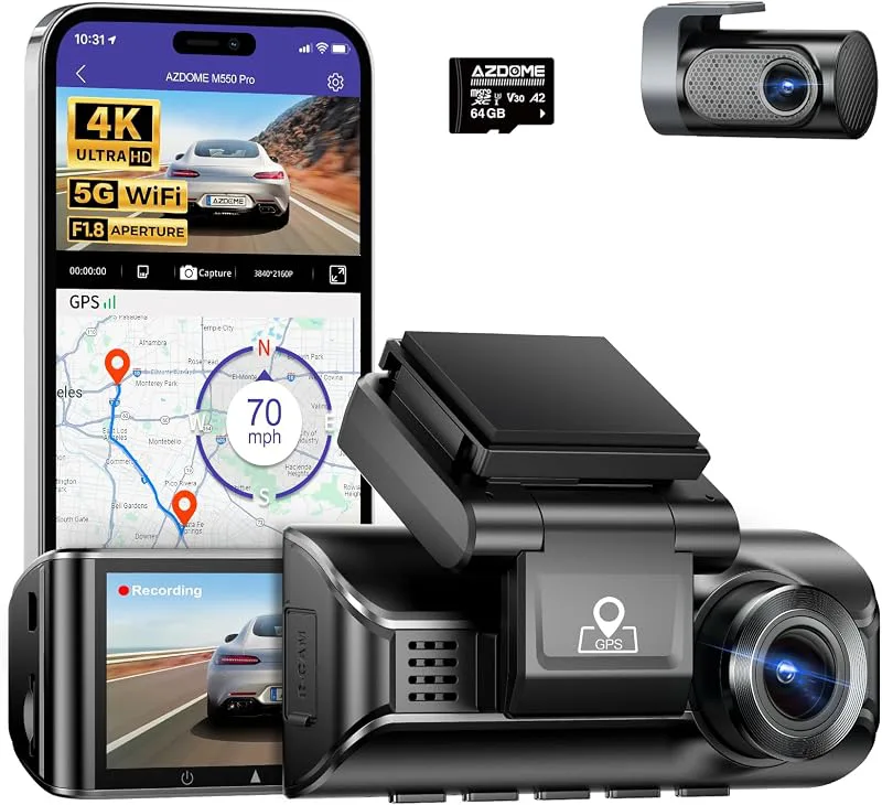 AZDOME Bilkamera fram bak 4K 2,5K med 5,8 GHz WiFi, bilkamera 3,19 tums IPS-skärm, gratis 64 GB kort, GPS, 170° vidvinke