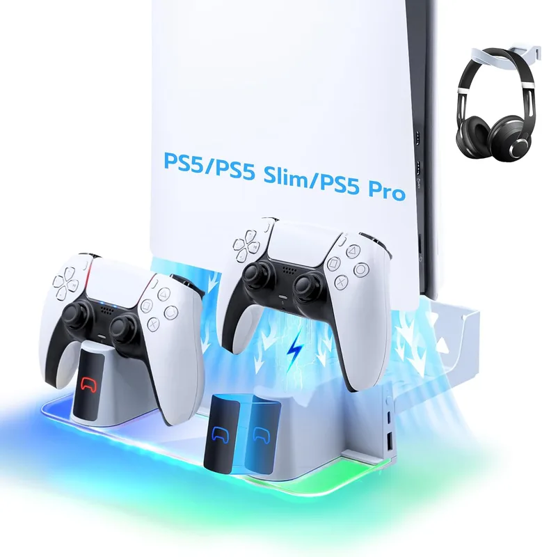 Mcbazel Väggfäste PS5 med snabbladdningsstation med dubbel kontroll och RGB-ljus för Playstation 5 konsol