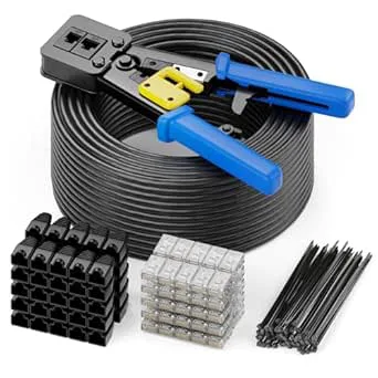 deleyCON 100m CAT6 Installationskabel Patchkabel Installationsset Utomhus Inomhus Inkl. Krymptång Buntband & 50 RJ45 Pluggar