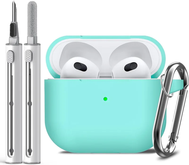 Inesore Kompatibel med Airpods 3-fodral, silikonskyddsfodral för Apple AirPods 3rd generation med nyckelring och rengöringspennor, för kvinna (mintgrön)