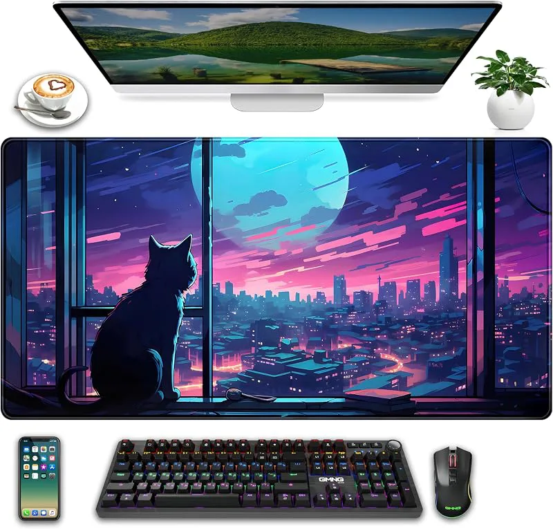 Cool lila Kawaii anime moom katt skrivbordsmatta XXL