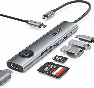 Acer USB C Hub, 4K@60Hz Adapter Till HDMI Med PD 100W, 2X USB 3.0, Dataport, Kortläsare Och Skärmkontroll, 7 i 1 Dockningsstation För MacBook Pro/Air, Surface, iPhone 16 Pro