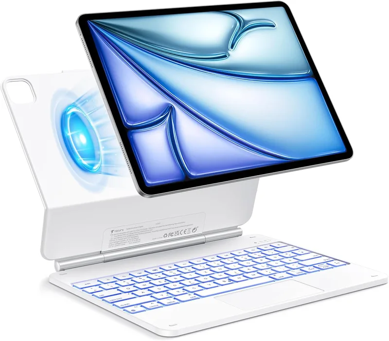 TECURS Magic Keyboard för iPad Air 13 tum (M3/M2, 2025/2024), fodral tangentbord för iPad Pro 12,9 (6/5/4/3 Gen), QWERTZ, frisvävande stativdesign, vit