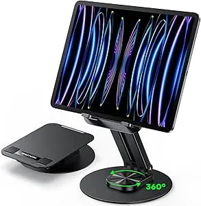 OMOTON Justerbar Tablet Ställ, 360° Svängbar & Roterbar för Skrivbord med Metallbas