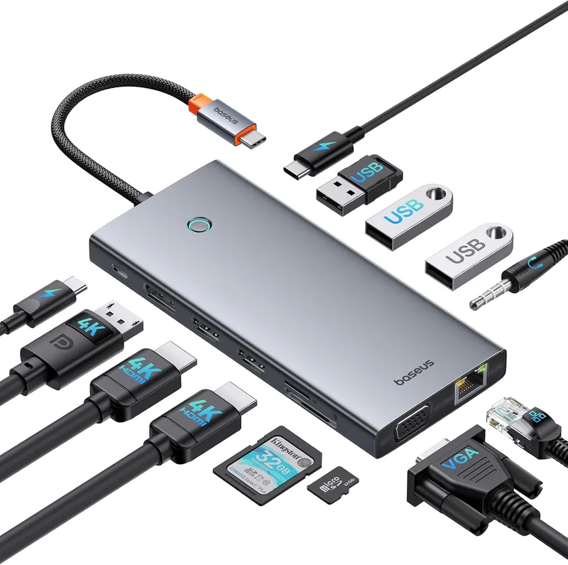 【Chip-optimerad】Baseus USB C dockningsstation 3-bildskärmar, 13-i-1 USB C-hub med 2 HDMI 4K@60 Hz, DisplayPort 4K@60 Hz, VGA, USB 3.1 10 Gbps, PD 100 W och Ethernet för Dell/HP/Lenovo/Surface Laptop