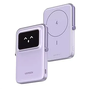 UGREEN Uno Wireless Power Bank 5000mAh Magnetisk powerbank med vikbart stativ och TFT-skärm, 20W USB-C snabbladdning, 7.5W MagSafe kompatibel med iPhone 12-17-serien (Lila)