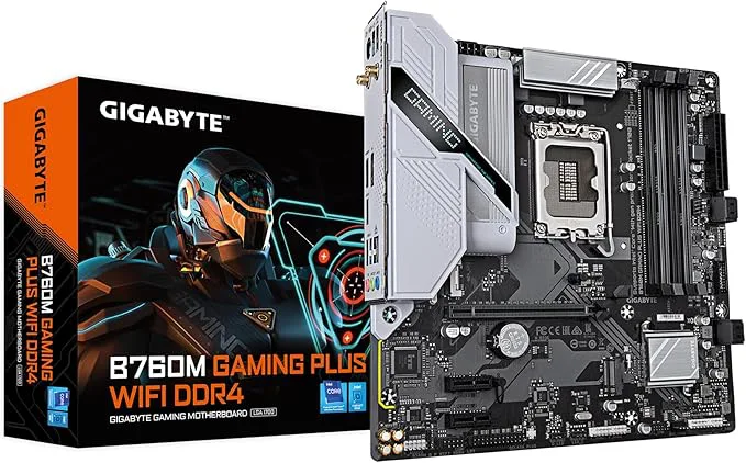 GIGABYTE B760M GAMING PLUS WIFI DDR4 LGA 1700 Intel B760 M-ATX moderkort med DDR4, 2 x M.2, PCIe 4.0, främre USB 3.2 Gen 1 Type-C, WiFi 6 GbE LAN, Q-Flash Plus, PCIe EZ-spärr