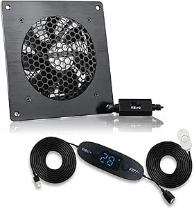 BRIEFCEC USB-fläkt, 120 mm, digital display, temperaturkontroll, tyst fläktsystem, 5 V fläkt, med modern ram av borstat svart aluminium för AV-skåp för hemmabio, husdjurgrotta (1 styck)