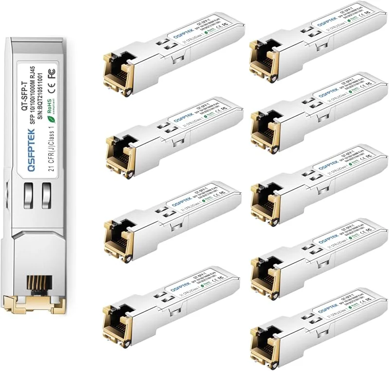 QSFPTEK (10-pack) Gigabit 1000BASE-T SFP koppar RJ45 moduler 10/100/1000BASE-T SFP till RJ45 Mini-GBIC sändtagare för Cisco GLC-T/SFP-GE-T, mikrotik S