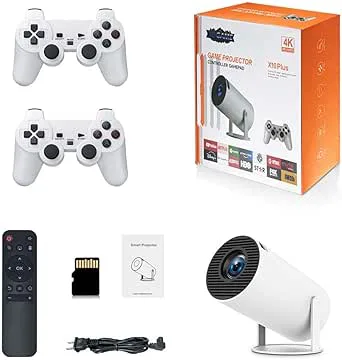 X10 Plus retro spelkonsol med projektor, 4K retro spelprojektor med 2 trådlösa kontroller, HDMI-utgång, WIFI