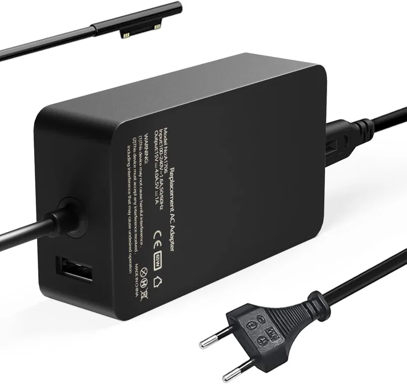 65W Surface bärbar snabbladdningsladdare med 5W USB A-port, kompatibel med Microsoft Surface Pro 9/8/7/6/5/4/3/X Surface Go 3/2/1 Surface bärbar dator