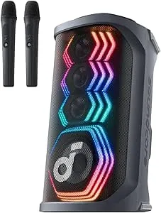 soundcore Rave 3S AI festsystem med 2 trådlösa mikrofoner, 200 W ljud, AI röstborttagning, reverb, ljusshow, 12H speltid, portabel Bluetooth PA-anläggning för hem, fest eller trädgård