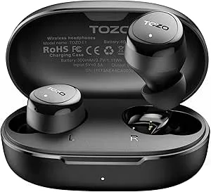 TOZO E1 trådlösa öronsnäckor inbyggd mikrofon tydliga samtal ergonomisk lättvikt Bluetooth 5.3 i hörlurar IPX6 vattentät Premium Stereo Sound Headset 30H speltid med 32 EQs via APP, svart