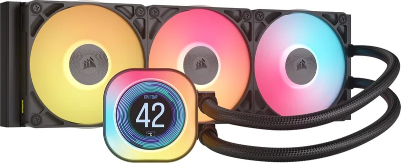 CORSAIR iCUE LINK TITAN 360 RX LCD CPU-Vätskekylare – 360mm AIO – Tystgående – FlowDrive-Kylningsmotor – Intel LGA 1851/1700, AMD AM5/AM4 – 3x RX120 RGB-Fläktar – iCUE LINK System Hub Ingår – Svart