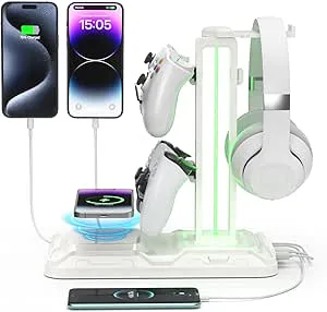 KDD headset och kontrollstativ med trådlös laddning och flera ljuslägen, roterbar styrhållare, 2 USB- och C-portar, spelheadsetstativ för gamers