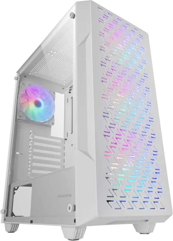 Mars Gaming MC-GEO, ATX Gaming-chassi, 4x FRGB Rainbow-fläktar 12cm, Geometriskt Mesh-frontpanel, Härdat Glas-sidofönster, Semitorn PC med dubbelkammare, Vattenkylning-stöd, Vit