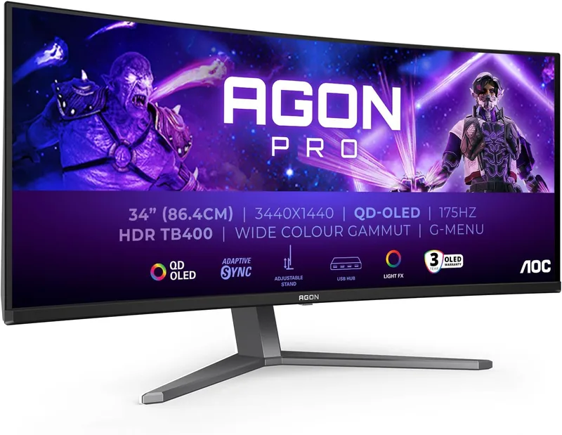 AOC Agon PRO AG346UCDAM böjd OLED spelmonitor WQHD 34 tum 175 Hz, 0,03 ms, FreeSync Premium Pro, Comp. G-Sync, HDR400 (3440x1440, 2x HDMI, DisplayPort, USB-hub) svart