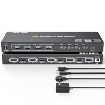 HDMI KVM-switch 4K @ 60 Hz/2K @ 120 Hz, HDMI KVM-switch för 4 datorer som delar 1 bildskärm och 4 USB 3.0-enheter, trådbunden fjärrkontroll och USB-kabel ingår
