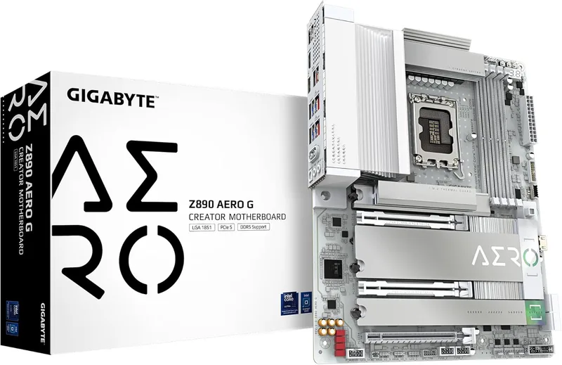 GIGABYTE Z890 AERO G moderkort – stöder Intel Core Ultra (Series 2) processorer, 16+1+2 faser VRM, upp till 8800MHz DDR5 (OC), 1xPCIe 5.0 + 4xPCIe 4.0, Wi-Fi 7, 2,5 GbE LAN, Thunderbolt 4