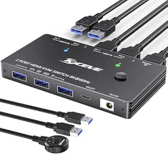 8K @ 60 Hz/4K @ 120Hz KVM-switch för 2 delade datorer, 1 bildskärm och 3 USB3.0-enheter, trådbunden fjärrkontroll och USB-kabel ingår